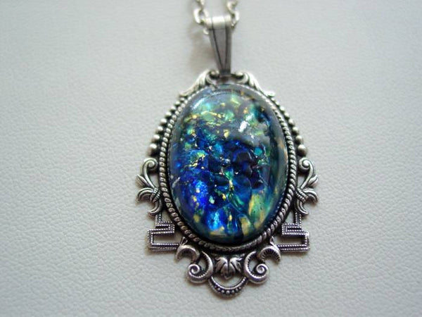 Sapphire Blue Fire Opal Art Deco Necklace