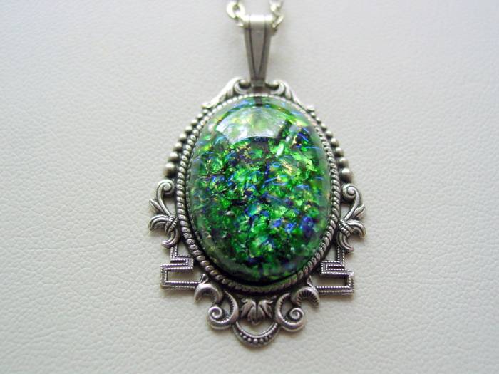 Art Deco Emerald Green Fire Opal Necklace, Emerald Green Fire Opal Pendant
