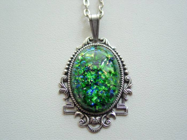 Art Deco Emerald Green Fire Opal Necklace, Emerald Green Fire Opal Pendant