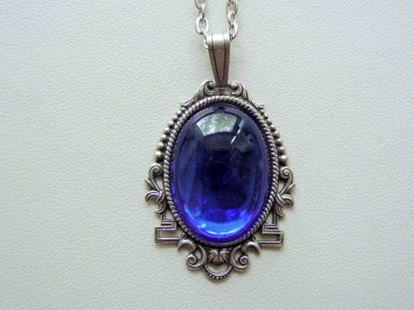Art Deco Style Sapphire Necklace, Vintage Glass Art Deco Style Pendant