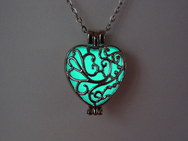 Heart Locket Aqua Glow In The Dark Frozen Filigree Heart Necklace