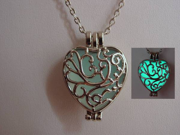 Heart Locket Aqua Glow In The Dark Frozen Filigree Heart Necklace