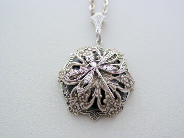 Art Nouveau Style Dragonfly Necklace Black Onyx Layered Gemstone Necklace