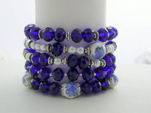 Stackable Swarovski Bracelets, Crystal Cobalt Blue Stackable Bracelet, Pearl Stackable Bracelets, Porcelain Bead Bracelet, Multiple Stackable Bracelets