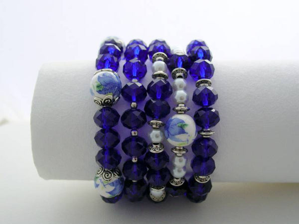 Stackable Swarovski Bracelets, Crystal Cobalt Blue Stackable Bracelet, Pearl Stackable Bracelets, Porcelain Bead Bracelet, Multiple Stackable Bracelets