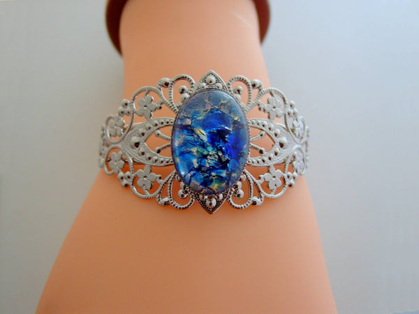 Fire Opal Filigree Cuff Bracelet Sea Blue Rhodium Finish