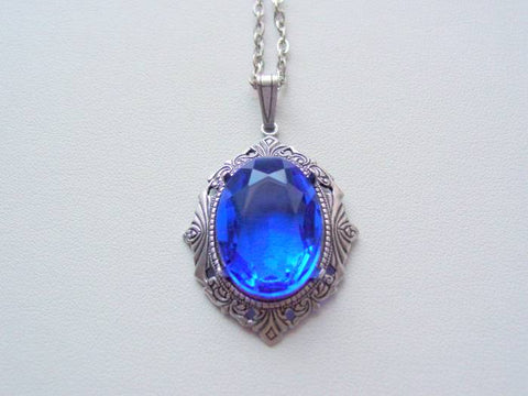 Art Deco Style Sapphire Blue Faceted Crystal Necklace, Drop Necklace, Vintage Glass