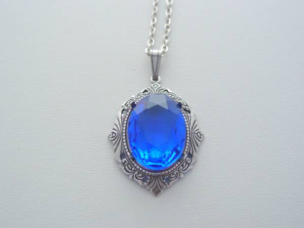 Art Deco Sapphire Blue Faceted Crystal Necklace, Drop Necklace, Oxidized Finish, Vintage Glass