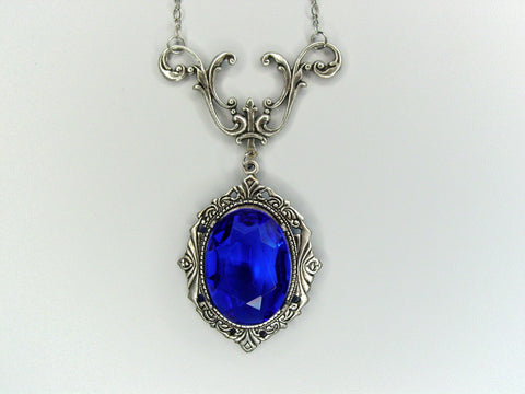 Art Nouveau Sapphire Blue Drop Necklace Vintage Czech Glass Oxidized Finish Necklace