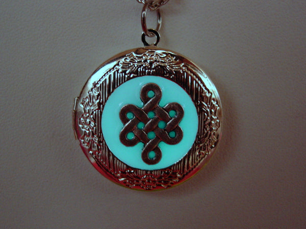 Celtic Knot Necklace Glow In The Dark Locket, Aqua Glow Necklace