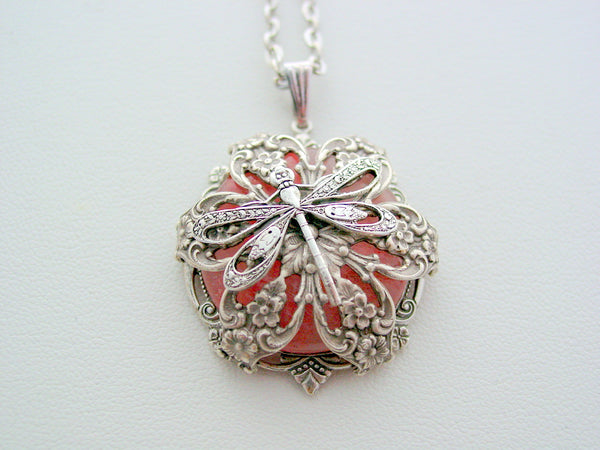 Art Nouveau Dragonfly Cherry Quartz Layered Gemstone Necklace
