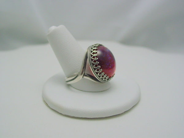 Dragon's Breath Silver Ring Fire Opal Ring Glass Cabochon Crown Style Oxidized Ring