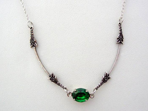 Art Nouveau Vintage Glass Emerald Necklace, Classic Art Nouveau Pendant