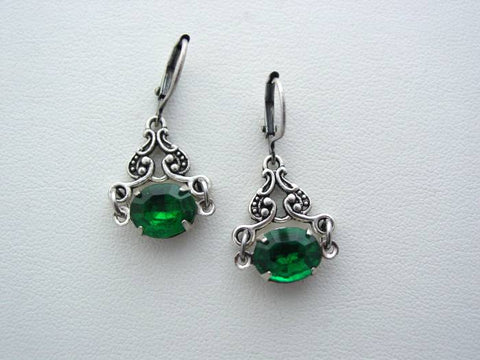 Art Nouveau Style Vintage Emerald Glass Earrings, Classic Art Nouveau Earrings