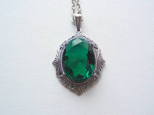 Art Deco Emerald Faceted Crystal Necklace, Drop Necklace, Oxidized Finish, Vintage Glass