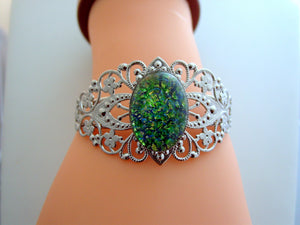Emerald Fire Opal Cuff Bracelet Rhodium Finish Filigree Cuff Bracelet