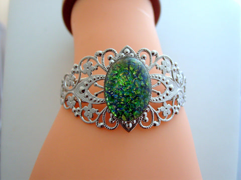 Emerald Fire Opal Cuff Bracelet Rhodium Finish Fire Opal Filigree Cuff Bracelet