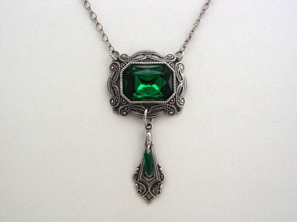 Victorian Emerald Necklace Oxidized Finish Octagon Drop Necklace Matching Earrings
