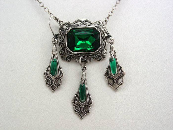 Victorian Emerald Necklace Oxidized Finish Octagon Drop Necklace Matching Earrings