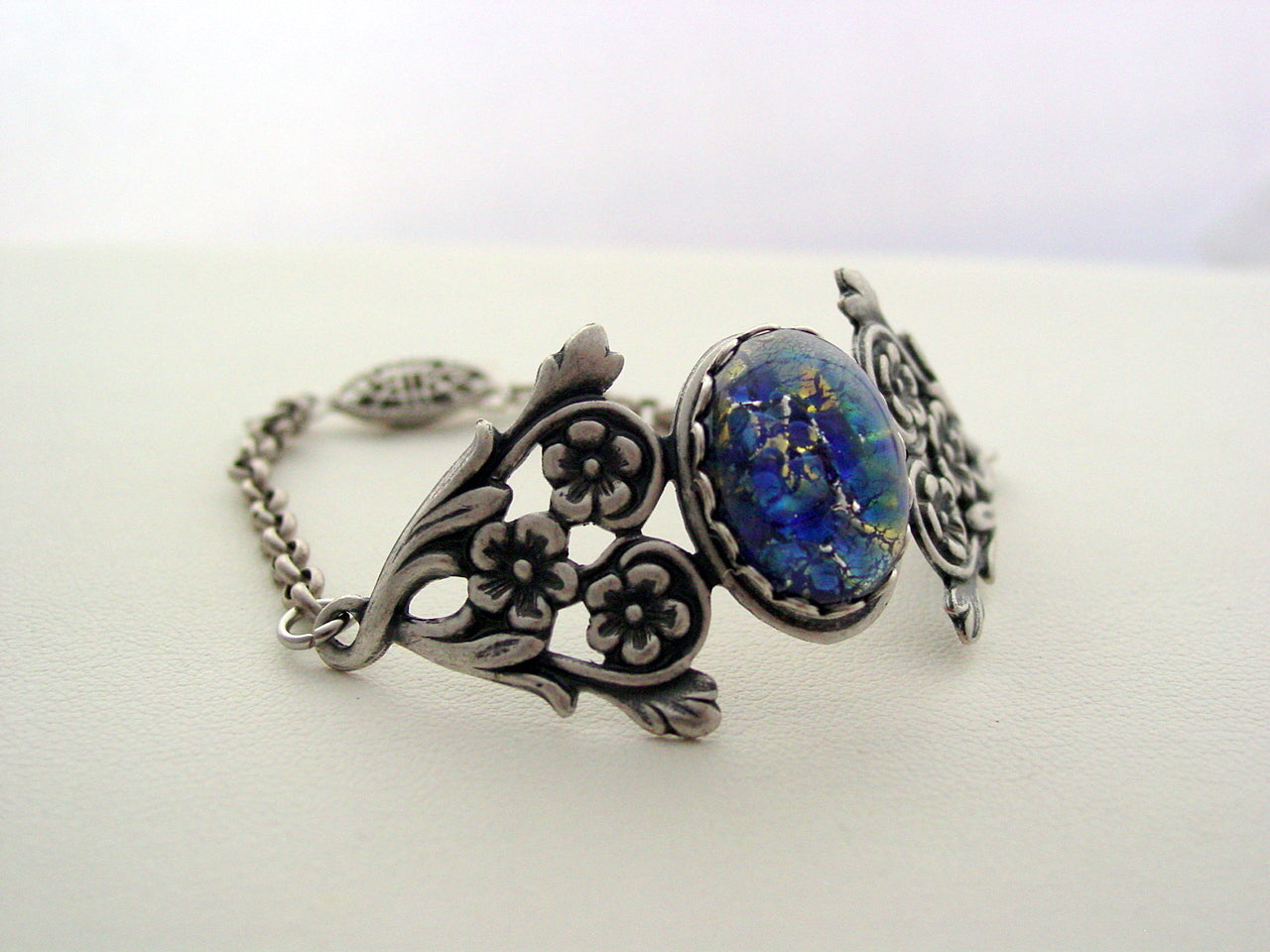Art Nouveau Sea Blue Fire Opal Floral Bracelet