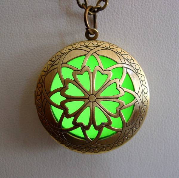 Celtic Cross Necklace Glow In The Dark Bronze Necklace Locket Bright Green Glow