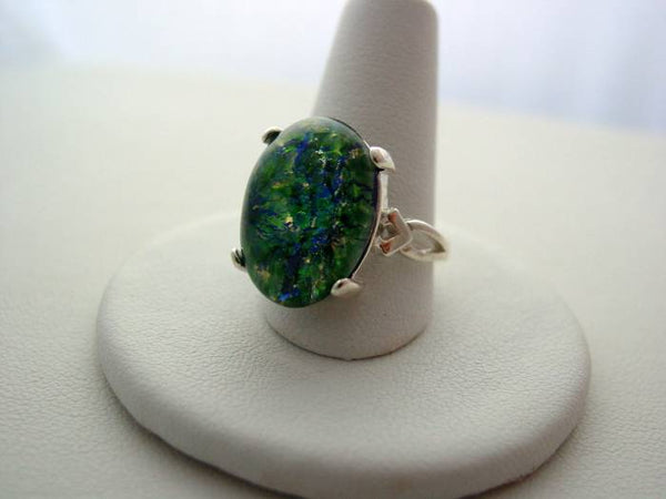 Sterling Silver Fire Opal Ring Emerald Green 925 Artisan Bezel Split Band