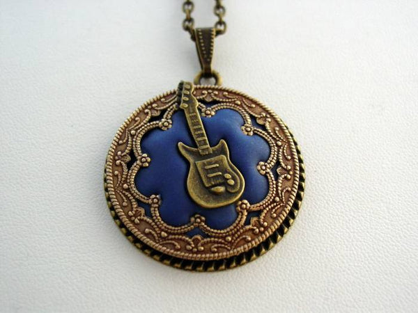 Music Necklace, Victorian Renaissance Pendant, Antique Bronze Guitar Filigree Necklace Unique Music Pendant