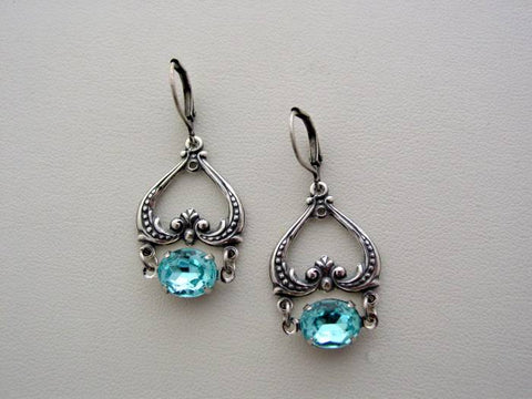 Art Nouveau Vintage Aqua Glass Heart Earrings, Boutique Drop Earrings, Classic Art Nouveau Earrings