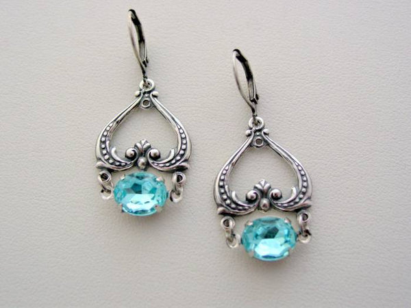 Art Nouveau Vintage Aqua Glass Heart Earrings, Boutique Drop Earrings, Classic Art Nouveau Earrings