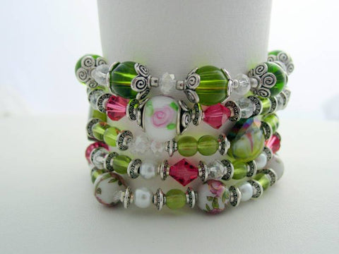Stackable Swarovski Bracelets, Crystal Stackable Pearl, Lampwork Bead, Multiple Stackable Bracelets, Watermelon