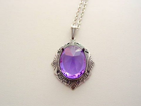 Art Deco Lilac Faceted Crystal Necklace, Drop Necklace, Oxidized Finish, Vintage Glass