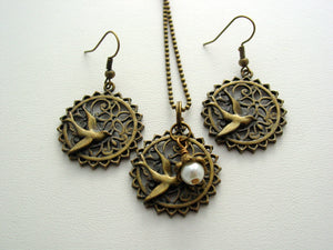Hunger Games Mockingjay Filigree Antique Bronze Earrings & Necklace Set Last One!
