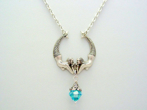 Mystical Twin Mermaids Oxidized Finish with Swarovski Aquamarine Crystal Necklace