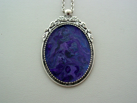 Fluid Art Necklace Blue Purple Metallic Original Wearable Organic Jewelry Dirty Pour Pendant (p4011)
