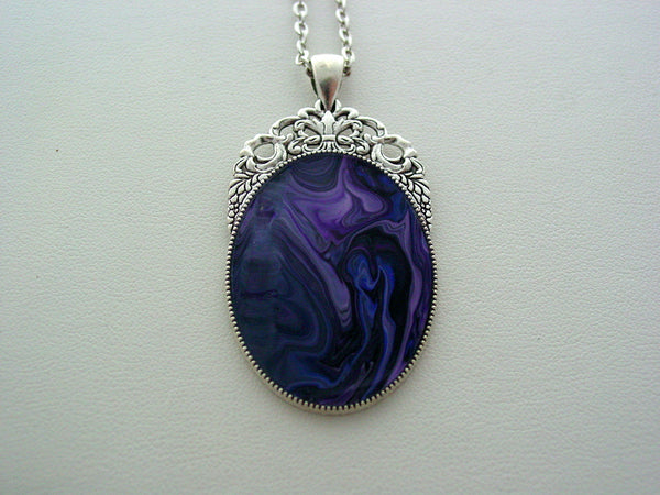 Fluid Art Necklace Purple Original Wearable Organic Jewelry Dirty Pour Pendant (p4016)