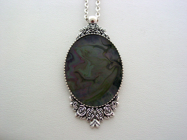 Fluid Art Necklace Moss Green Original Wearable Organic Jewelry Dirty Pour Necklace With Chain (p4023)