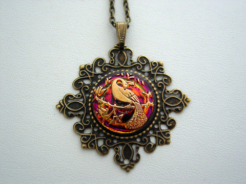 Victorian Peacock Necklace, Handmade Glass Peacock Pendant