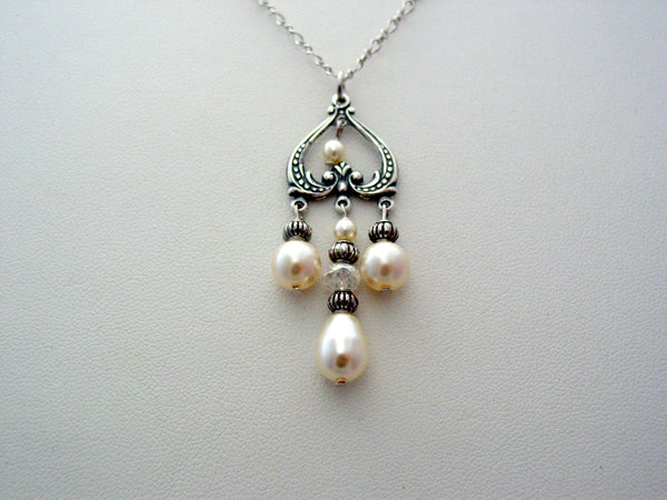 Victorian Traditional Wedding Necklace Earrings Set Off White Pearl Bridal Gift