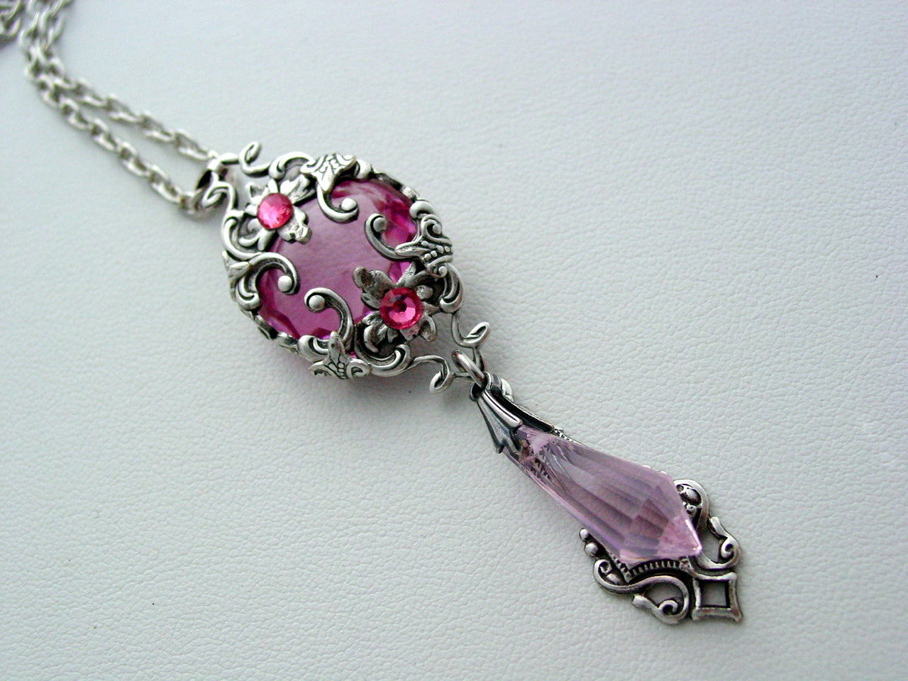 Victorian Rose Pink Necklace Layered Crystal Drop Necklace