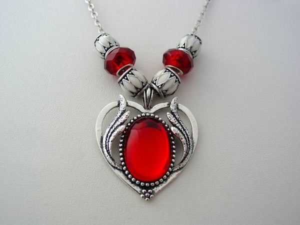 Victorian Ruby Red Necklace Victorian Design Flaming Heart Drop Necklace Lampwork Enamel Beads