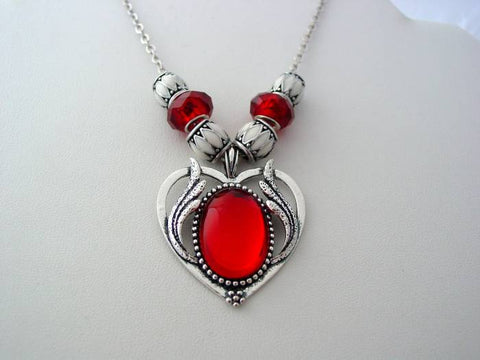 Victorian Ruby Red Necklace Victorian Design Flaming Heart Drop Necklace Lampwork Enamel Beads