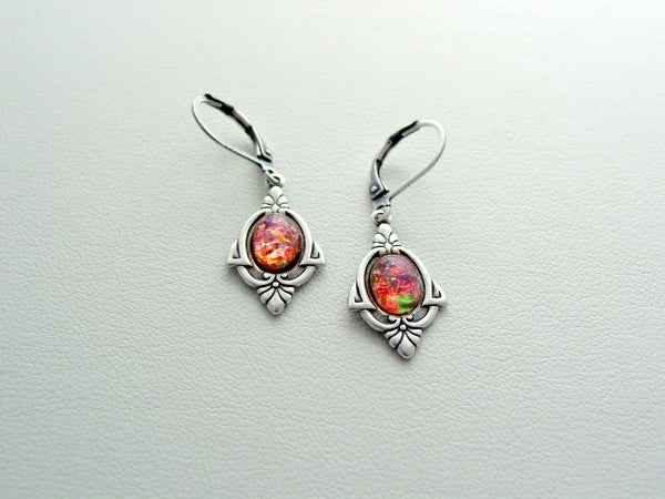 Art Deco Yellow Rose Pink Earrings, Fire Opal Earrings, Rose Pink Fire Opal Glass Earrings