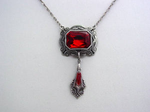 Victorian Ruby Red Necklace Oxidized Octagon Drop Necklace Split Chain