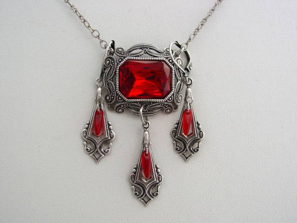 Victorian Ruby Red Necklace Oxidized Octagon Drop Necklace Split Chain Matching Earrings