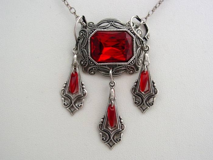 Victorian Ruby Red Necklace Oxidized Octagon Drop Necklace Split Chain Matching Earrings