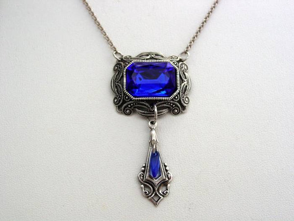 Victorian Style Sapphire Necklace Oxidized Octagon Drop Necklace Split Chain