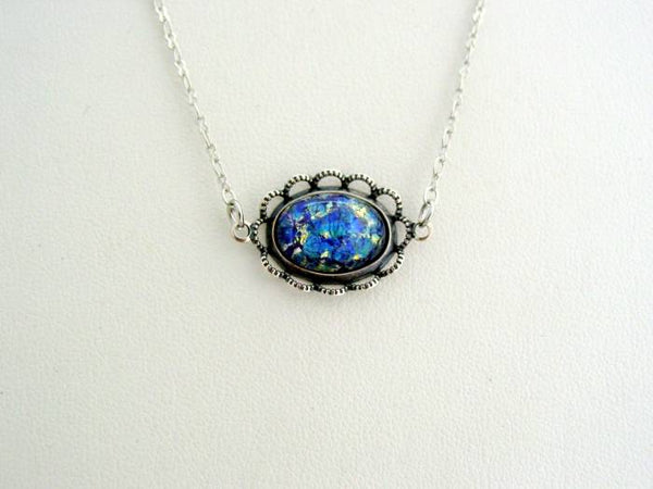 Victorian Fire Opal Necklace, Scalloped Lace Sea Blue Antique Silver Finish Pendant