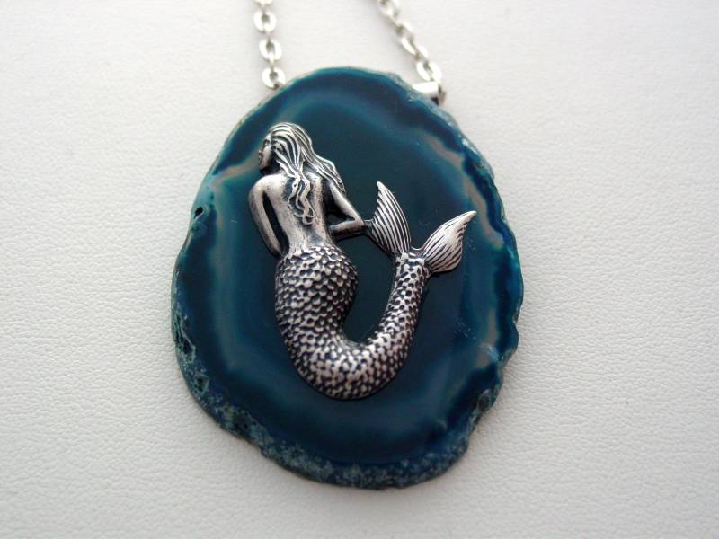 Mermaid Agate Geode Natural Blue Teal Agate Polished Pendant