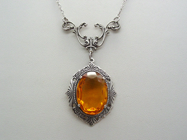 Art Nouveau Topaz Drop Necklace Vintage Czech Glass Oxidized Finish Necklace